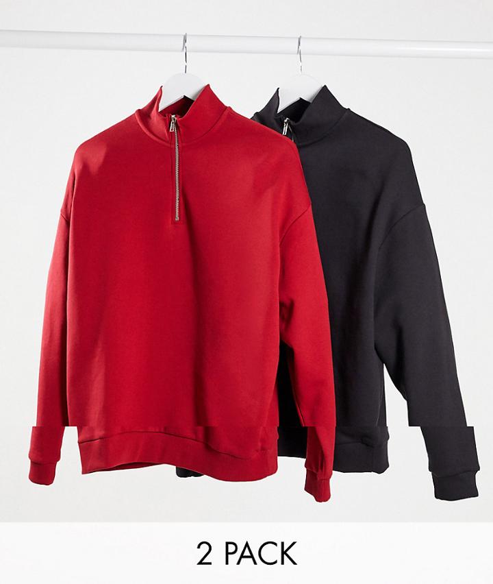 Asos Design Oversized Sweatshirt With Half Zip 2 Pack In Red/black-multi