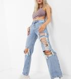 Asos Design Petite Mid Rise 90s Straight Leg Jeans In Light Wash With Rips-blues