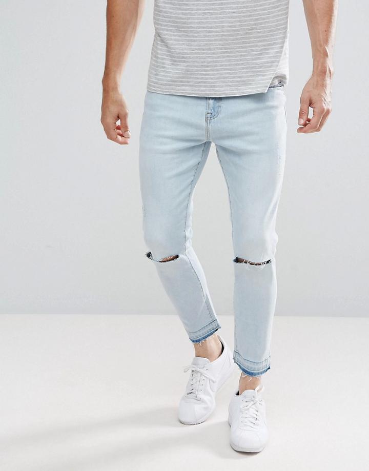 Stradivarius Slim Jeans With Knee Rips In Light Wash - Blue