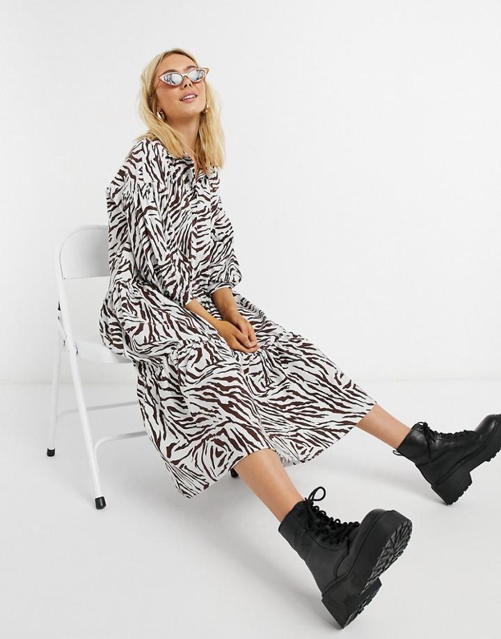 Asos Design Midi Shirt Smock Dress With Tiering And Puff Sleeve In Zebra Print-white