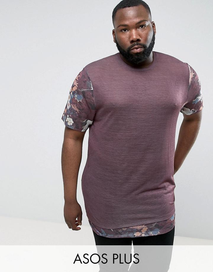 Asos Plus Super Longline T-shirt In Linen Look Fabric With Floral Sleeves & Hem Extender - Purple