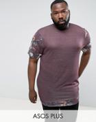 Asos Plus Super Longline T-shirt In Linen Look Fabric With Floral Sleeves & Hem Extender - Purple