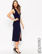 Asos Tall Sleeveless Textured Crepe Super Plunge Midi Dress - Navy