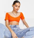 Asos Design Petite Off Shoulder Top With Shaped Hem In Rib In Orange