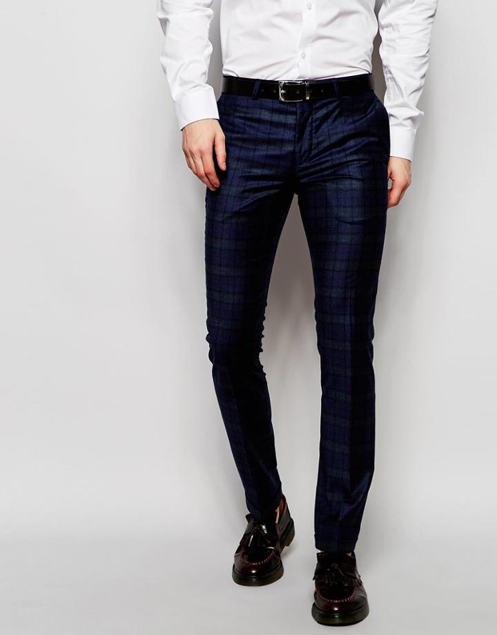 Noose & Monkey Wool Check Pant With Turn Up In Skinny Fit - Blue