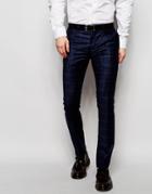 Noose & Monkey Wool Check Pant With Turn Up In Skinny Fit - Blue