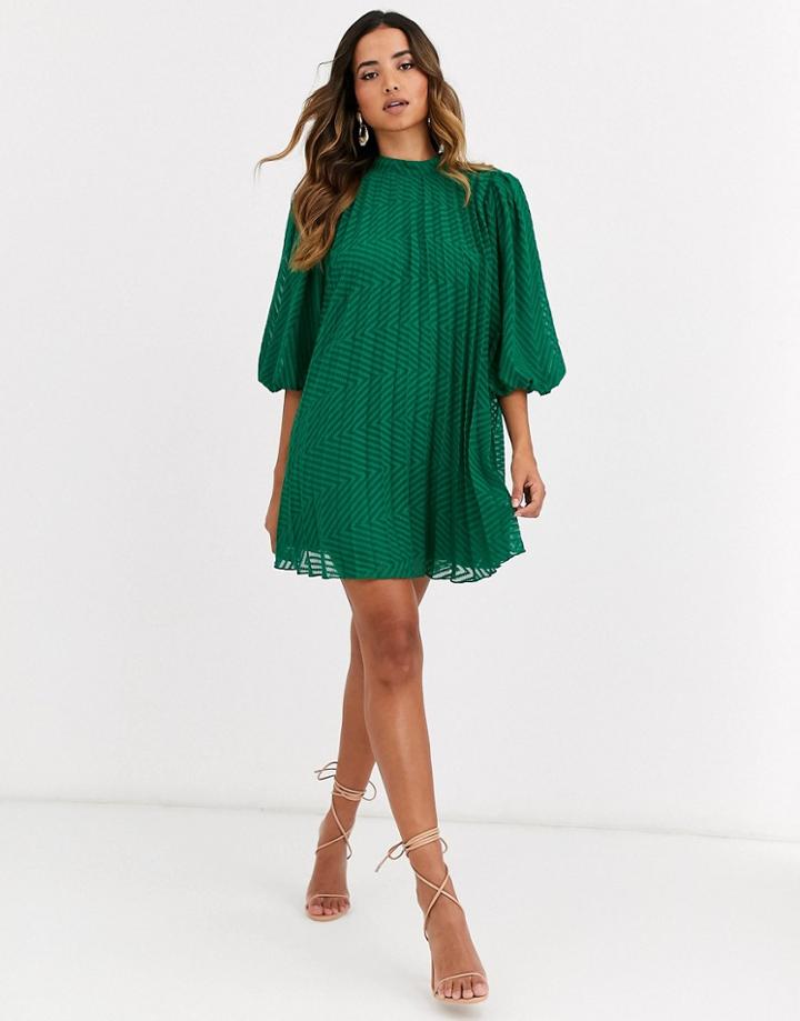 Asos Design Pleated Trapeze Mini Dress With Puff Sleeves In Dobby-green