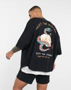 Asos Design Oversized Baseball T-shirt In Black With Back Tattoo Print