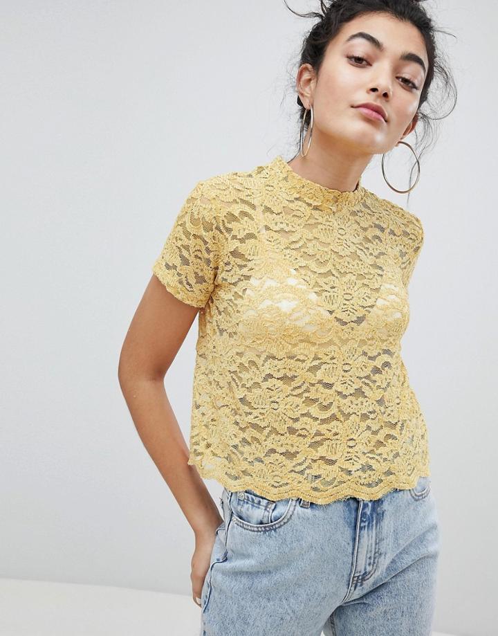 Bershka Lace Print Top In Yellow - Yellow