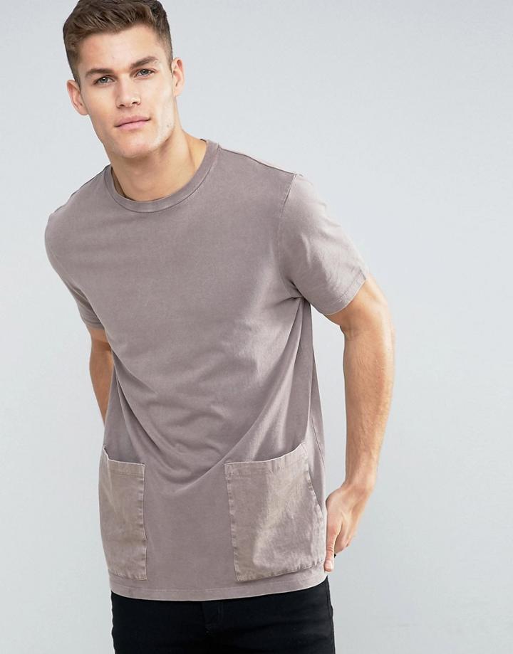 Asos Longline T-shirt With Snow Wash And Patch Pockets - Brown