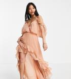 Asos Design Petite Blouson Drape Sleeve Maxi Dress With Dipped Hem And Embellishment-neutral