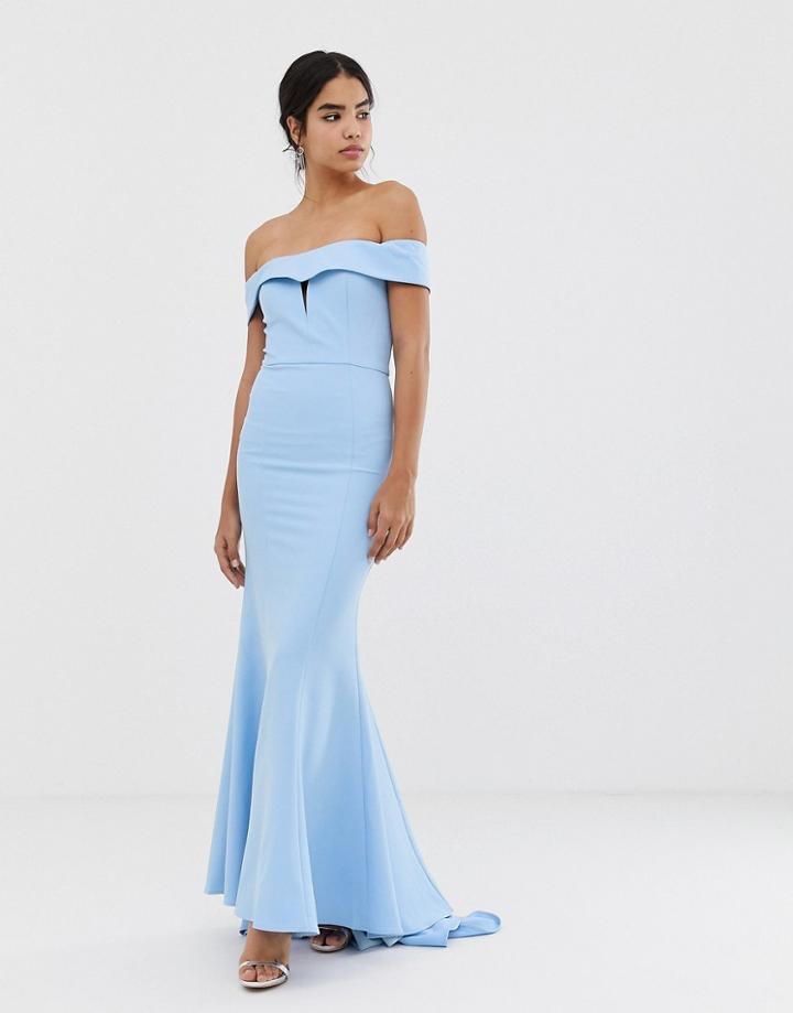 Jarlo Bardot Maxi Dress With Fishtail Train In Blue - Blue
