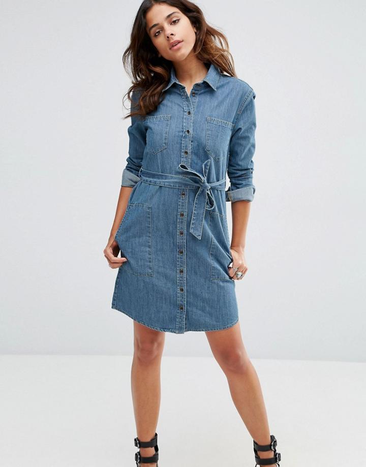 Asos Denim Belted Shirt Dress In Anouki Mid Stonewash Blue - Blue