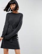Asos Knitted Mini Dress With Belt - Gray