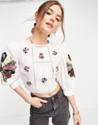 Asos Design Patchwork Sleeve And Front Crop Top With Lace Up Back In White-multi