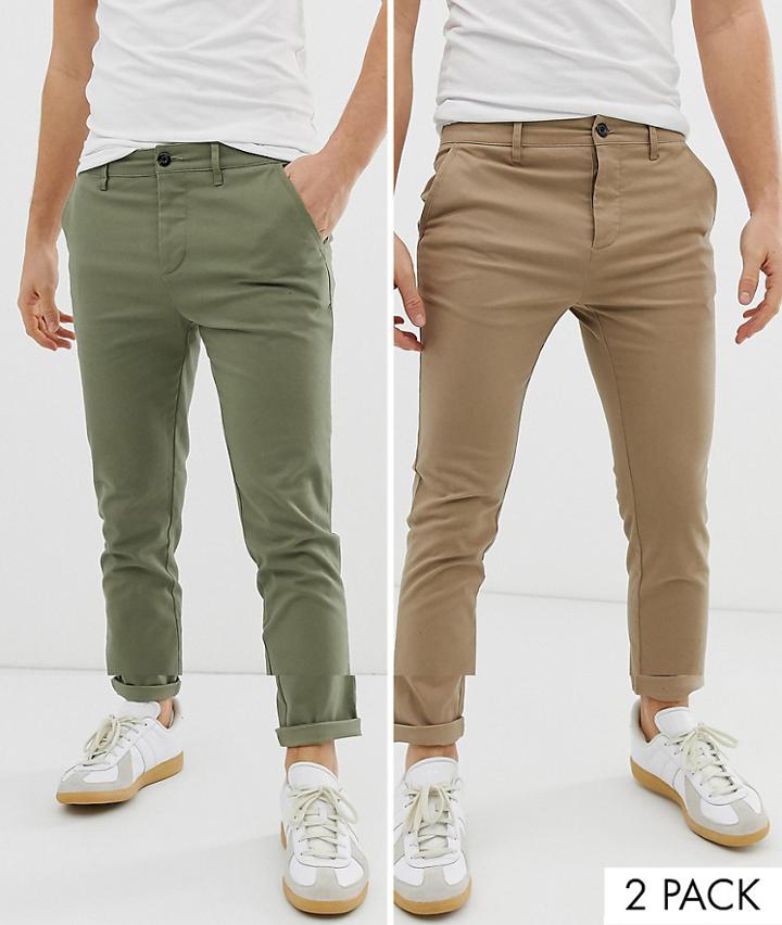 Asos Design 2 Pack Skinny Chinos In Light Khaki & Stone - Multi
