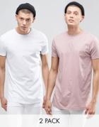 Asos 2 Pack Longline T-shirt With Crew Neck Save 12% In White/pink