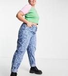 Asos Design Curve High Rise Slouchy Mom Jeans In 70's Monogram Laser-blue