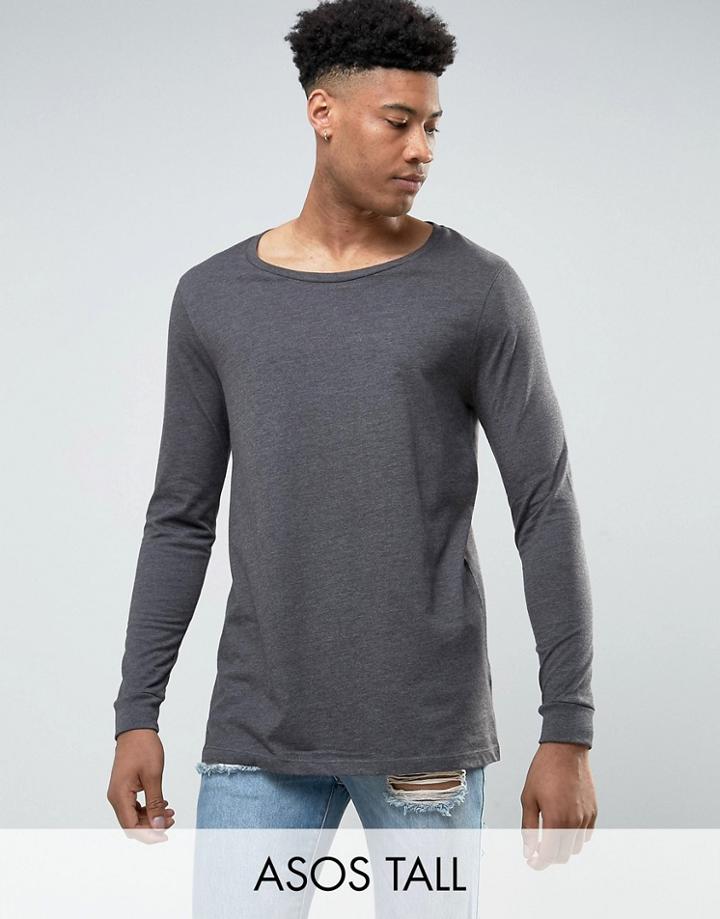 Asos Tall Longline Long Sleeve T-shirt With Scoop Neck In Charcoal Marl - Gray