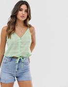 Asos Design Cami Button Front Sun Top In Grid Check - Green