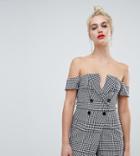 River Island Off The Shoulder Romper With Double Breasted Button Detail In Gray Check - Gray