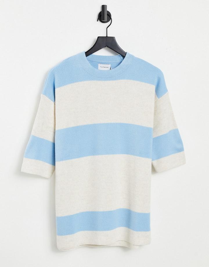 Topman Striped Knitted T-shirt In Blue And White-blues