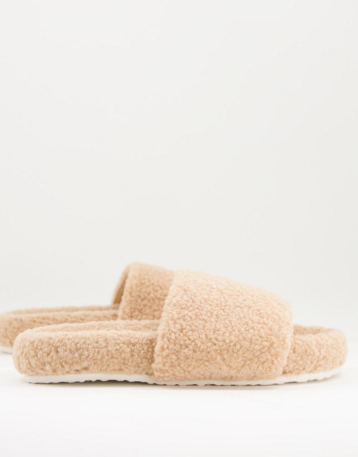 Asos Design Slippers In Natural Fleece-neutral