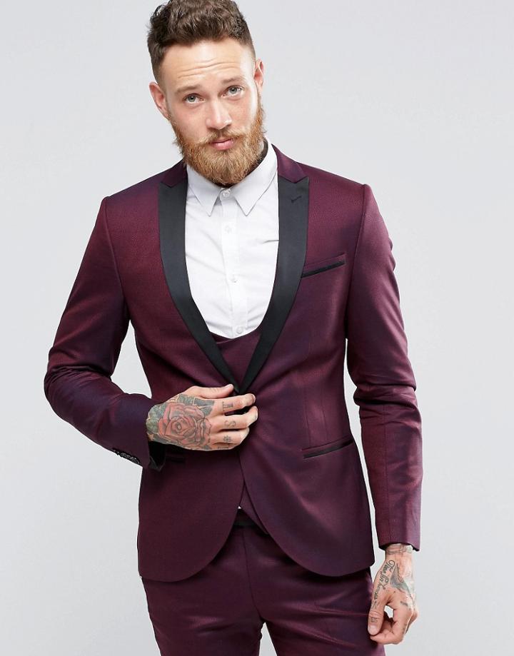Noose & Monkey Super Skinny Tuxedo Jacket With Satin Lapel And Stretch - Burgundy