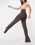 I Saw It First Ribbed Side Split Pants In Chocolate-brown