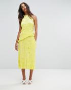 Warehouse Premium Crushed Velvet Midi Skirt - Yellow
