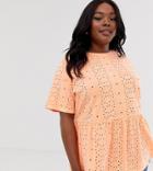 Asos Design Curve Smock Top In Broidery In Washed Neon Orange - Orange