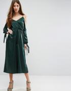 Asos Jumpsuit With Cold Shoulder In Satin - Green
