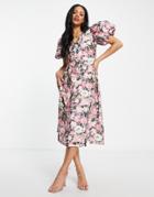 Na-kd Asymmetric Short Puff Sleeves Midi Dress In Vintage Rose-pink