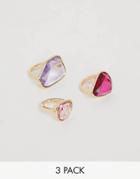 Asos Design Pack Of 3 Rings With Pink Tone Clear Resins In Gold Tone - Multi