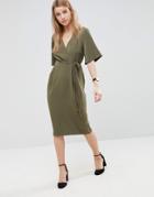 Asos Midi Wrap Dress With Tie Detail - Green