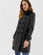 Naf Naf Double Button Military Coat With Faux Fur Collar - Gray