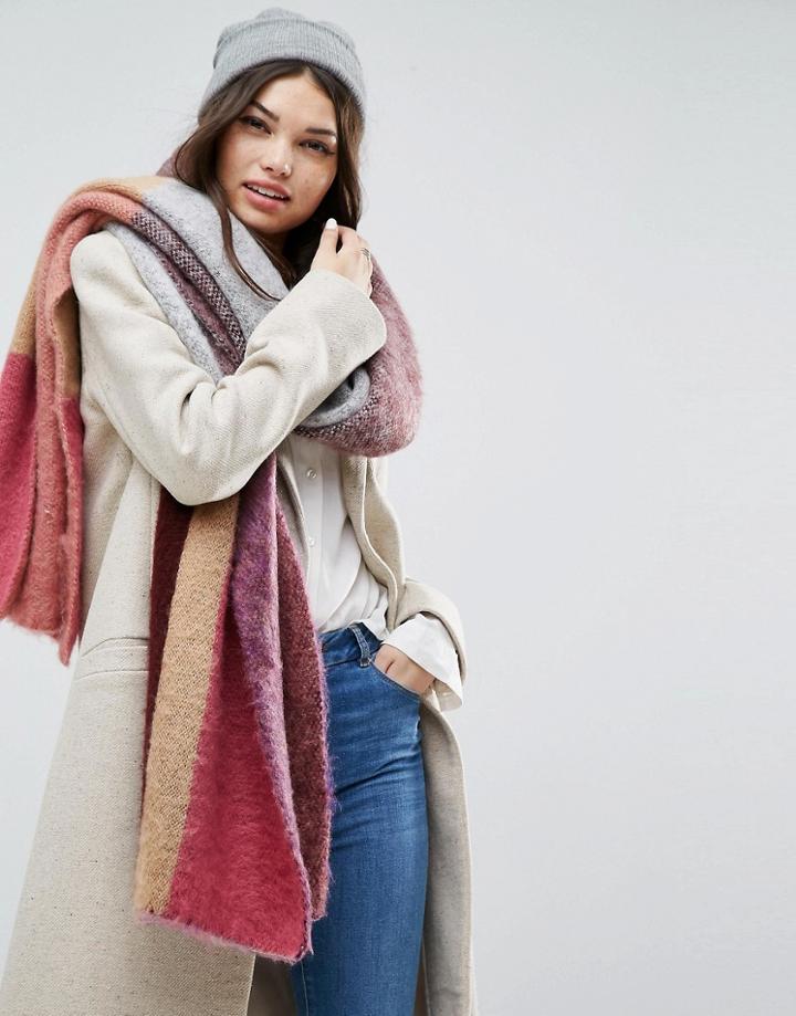 Asos Color Block Fluffy Knit Long Scarf - Gray