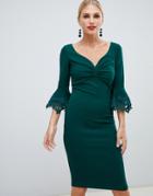 City Goddess Pencil Midi Dress With Lace Detail - Green