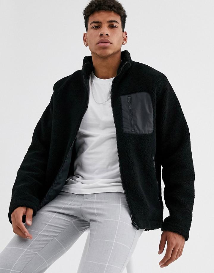 Threadbare Borg Jacket With Multi Pocket In Black