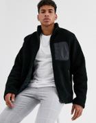 Threadbare Borg Jacket With Multi Pocket In Black