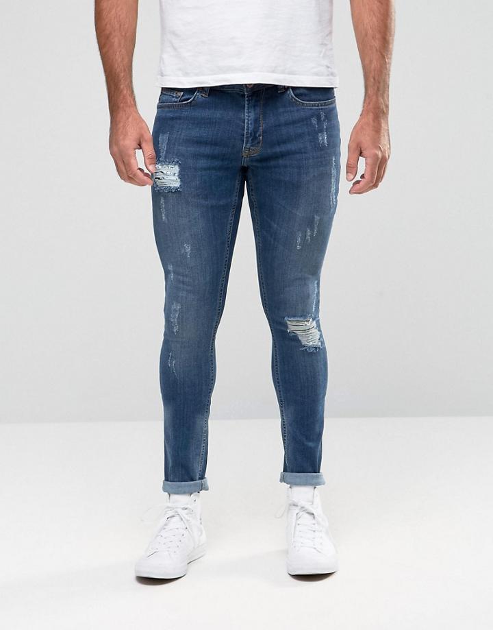 Hoxton Denim Jeans Mid Wash Spray On Over Stitch Knee Slit Jean - Blue