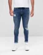 Hoxton Denim Jeans Mid Wash Spray On Over Stitch Knee Slit Jean - Blue