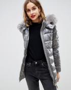 Gianni Feraud Quilted Jacket With Faux Fur Hood - Silver