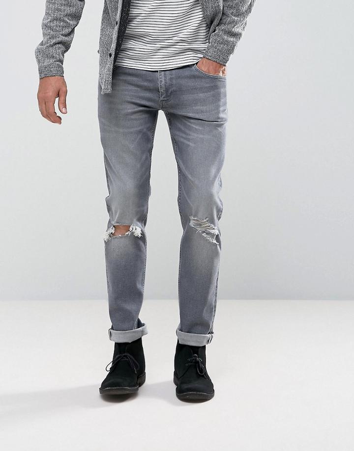 Asos Slim Jeans In Vintage Gray Wash With Knee Rips And Hem Detail - Gray