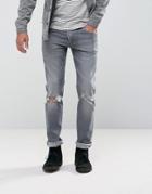 Asos Slim Jeans In Vintage Gray Wash With Knee Rips And Hem Detail - Gray