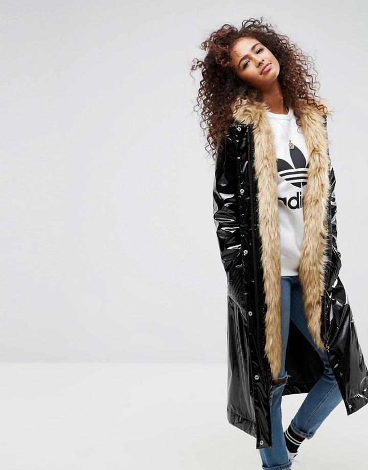 Asos Maxi Parka In Vinyl With Faux Fur Hood - Black