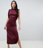 Asos Design Tall Satin Midi Dress With Drape Armhole And Side Split-red