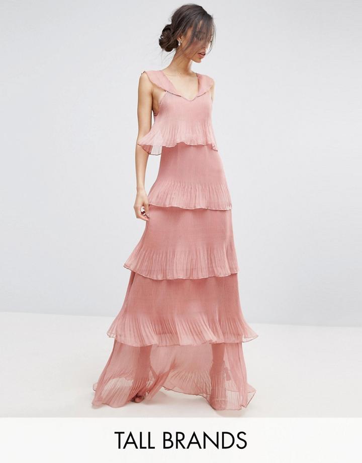 True Decadence Tall Cami Strap Maxi Dress With Ruffle Layered Pleated Skirt - Pink