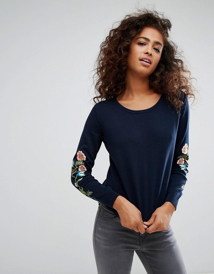 Esprit Floral Embroidered Sleeve Sweater - Navy