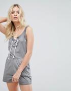 Brave Soul Joey Tie Front Romper In Wash Effect - Gray